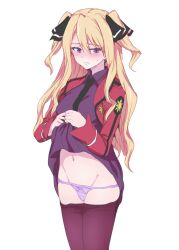 1girl black_bow black_necktie blonde_hair blush bow closed_mouth clothes_lift clothes_pull collared_dress commentary_request cowboy_shot cropped_jacket dress dress_lift embarrassed eyelashes eyes_visible_through_hair hair_between_eyes hair_bow higata_akatsuki isshiki_airi jacket lifting_own_clothes long_bangs long_hair long_sleeves looking_at_viewer mahouka_koukou_no_rettousei mahouka_koukou_no_yuutousei navel necktie nose_blush open_clothes open_jacket panties pantyhose pantyhose_pull partial_commentary purple_dress purple_eyes purple_panties purple_pantyhose red_jacket school_uniform sideways_glance simple_background solo sweatdrop swept_bangs thighs_together third_high_school_uniform two_side_up underwear white_background
