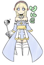 Rule 34 | 1girl, arch bishop (ragnarok online), arched bangs, blonde hair, blue dress, blue eyes, closed mouth, commentary request, cowboy shot, cross, dress, driver (golf), frilled dress, frills, golf club, holding, holding golf club, long hair, looking at viewer, off-shoulder dress, off shoulder, ragnarok iris, ragnarok online, sash, simple background, smile, solo, thighhighs, translation request, white background, white thighhighs, yellow sash