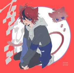 1boy ahoge animal_ears black_pants black_streaks blue_eyes blue_jacket cat_ears cat_tail cherry_tomato chibi chibi_inset circle english_text fang grey_jacket hashtag-only_commentary highres hood hoodie jacket kemonomimi_mode kneeling male_focus mint1618680 multicolored_hair multicolored_jacket open_clothes open_jacket pants red_background red_hair shoes short_hair skin_fang streaked_hair sumino_takumi tail the_hundred_line_-last_defense_academy- tomato two-tone_jacket white_background white_hoodie white_shoes