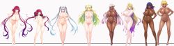 6+girls absurdres ahoge aoi_nagisa_(metalder) barefoot blonde_hair blue_eyes blush breasts censored chart completely_nude dark-skinned_female dark_elf dark_skin delva_celebrian elda_ballad elf evelyn_celebrian full_body green_eyes grin hair_ornament hair_ribbon harem height_chart height_difference highres huge_breasts knoll_(youkoso!) large_breasts long_hair long_pointy_ears looking_at_viewer lucie_menelumia misery_stentrem mosaic_censoring multiple_girls nipples nude phyllis_hagerhelm pink_eyes pink_hair pointy_ears purple_eyes purple_hair ribbon shiny_skin short_hair silver_hair small_breasts smile standing tagme toes very_long_hair yellow_eyes youkoso!_sukebe_elf_no_mori_e