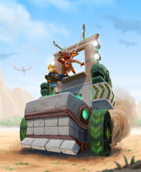 1boy 1other armor bird blonde_hair blue_cape blue_cloak blue_eyes blue_sky blue_tunic bokoblin brown_gloves cape champion&#039;s_tunic_(zelda) cloak colored_skin desert driving floating_island fuse_(zelda) gameplay_mechanics gloves hood hooded_cape hooded_cloak horns jasqreate leather leather_armor leather_gloves link mad_max mad_max:_fury_road nintendo parody pointy_ears red_skin single_horn sky statue the_legend_of_zelda the_legend_of_zelda:_tears_of_the_kingdom tunic zonai_device