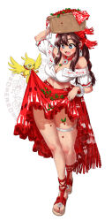 &gt;_&lt; 1girl arm_up artist_name basket_on_head bird blue_eyes blush bracelet braid breasts brown_hair cherry cleavage collarbone crop_top dated earrings fang food fruit gypsy headband highres hoop_earrings jewelry large_breasts mocha_(nekoguchi) navel necklace nekoguchi open_mouth original puffy_short_sleeves puffy_sleeves red_headband red_skirt sandals shirt short_sleeves signature skindentation skirt skirt_hold smile solo stomach thick_thighs thighs twitter_username white_background white_shirt