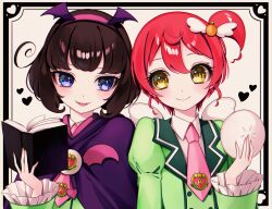 2girls alternate_hair_length alternate_hairstyle ao_(ao0_0nemu) avocado_academy_school_uniform bad_id bad_twitter_id steamed_bun blue_eyes book brown_hair capelet closed_mouth collared_shirt commentary_request fangs food green_jacket hairband hand_up highres holding holding_book holding_food idol_time_pripara jacket kurosu_aroma long_sleeves looking_at_another multiple_girls necktie open_book open_mouth pink_hairband pink_necktie ponytail pretty_series pripara purple_capelet red_hair school_uniform shiratama_mikan shirt short_hair smile upper_body white_shirt yellow_eyes