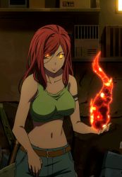 1girl animated animated_gif belt breasts en&#039;en_no_shouboutai female_focus fire glowing glowing_eyes large_breasts lisa_isaribi long_hair midriff navel red_hair solo tagme
