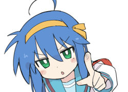 Rule 34 | 1girl, antenna hair, armband, blue hair, blue sailor collar, blush stickers, commentary, cosplay, fusazakura, green eyes, hairband, izumi konata, jitome, kita high school uniform, kyoto animation, long hair, lucky star, mole, mole under eye, open mouth, pointing, pointing at viewer, red armband, sailor collar, school uniform, simple background, solo, suzumiya haruhi, suzumiya haruhi (cosplay), suzumiya haruhi no yuuutsu, v-shaped eyebrows, white background, winter uniform, yellow hairband