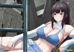 1girl absurdres ahoge armpits artist_name bare_shoulders black_hair blue_bra bra breasts cleavage cleavage_cutout clothing_cutout colored_inner_hair commentary cowboy_shot detached_sleeves dinosaur_footprints door english_commentary glasses goddess_of_victory:_nikke halterneck highres indoors jurassic_park kapushino ladder large_breasts leaning_back long_hair long_sleeves looking_at_viewer meme moran_(nikke) moran_(off-duty_queen)_(nikke) multicolored_hair navel official_alternate_costume official_alternate_hairstyle open_fly partially_unbuttoned red_hair round_eyewear ruins short_shorts shorts sidelocks sleeves_past_wrists solo streaked_hair thighhighs turtleneck underwear