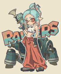 Rule 34 | 1girl, aqua hair, black gloves, closed mouth, colored tips, commentary request, fingerless gloves, full body, gloves, highres, inkling, inkling girl, inkling player character, looking at viewer, mechanic (splatoon raiders), medium hair, midriff, multicolored hair, navel, nintendo, orange pants, osakanagumi11, outline, pants, pointy ears, ponytail, shoes, short eyebrows, simple background, solo, splatoon (series), splatoon raiders, standing, star-shaped pupils, star (symbol), symbol-shaped pupils, tentacle hair, thick eyebrows, two-tone hair, white background, white outline