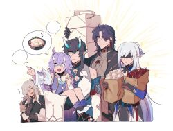 2girls 3boys bag bailu_(honkai:_star_rail) steamed_bun bare_shoulders black_gloves black_hair blade_(honkai:_star_rail) blindfold blue_eyes blue_sleeves box braid carrying carrying_person chinese_clothes cleavage_cutout closed_eyes closed_mouth clothing_cutout dan_heng_(honkai:_star_rail) dan_heng_(imbibitor_lunae)_(honkai:_star_rail) detached_sleeves dragon_boy dragon_girl dragon_horns earrings food gloves green_eyes grey_hair hair_between_eyes hair_over_one_eye high_ponytail highres holding holding_bag holding_box honkai:_star_rail honkai_(series) horns jacket jewelry jing_yuan jingliu_(honkai:_star_rail) long_hair long_sleeves mole mole_under_eye multiple_boys multiple_girls netoii paper_bag parted_bangs pointing pointy_ears ponytail purple_hair ribbon speech_bubble takeout_container upper_body white_hair