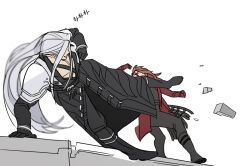 2boys armor belt black_boots black_coat black_gloves black_pants black_shirt boots brown_hair coat debris dirge_of_cerberus_final_fantasy_vii fighting final_fantasy final_fantasy_vii full_body genesis_rhapsodos gloves grey_hair hair_between_eyes hair_over_one_eye highres kicking korean_text long_bangs long_coat long_hair male_focus multiple_belts multiple_boys newb_ff7r pants parted_bangs parted_lips pauldrons red_coat red_gloves sephiroth shirt shoulder_armor sketch smile white_background