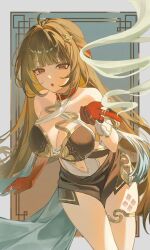 1girl :o absurdres ahoge black_dress border breasts brown_hair chinese_clothes cleavage colored_extremities commentary cowboy_shot dress highres honkai:_star_rail honkai_(series) jewelry large_breasts lingsha_(honkai:_star_rail) long_hair navel red_eyes red_hands revision sleeveless sleeveless_dress solo thighlet very_long_hair white_border zante_(0xx0xzt)