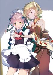 Rule 34 | 1boy, 1girl, azusa (azchemist63), black dress, blonde hair, brown dress, citrinne (fire emblem), clanne (fire emblem), commission, dress, earrings, feathers, fire emblem, fire emblem engage, gold choker, gold trim, hair ornament, highres, holding, holding unworn clothes, holding unworn dress, hoop earrings, jewelry, leather wrist straps, maid, mismatched earrings, nintendo, skeb commission, unworn dress, wing hair ornament, yellow eyes