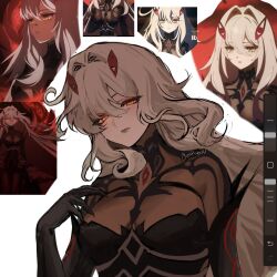 1girl artist_name black_dress breasts bunnyoki cleavage closed_mouth detached_sleeves dress eye_hair_ornament genshin_impact hair_ornament highres long_hair medium_breasts official_art_inset reference_inset ronova_(genshin_impact) sidelocks simple_background twitter_username watermark white_background white_hair yellow_eyes