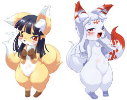 2girls black_hair blush fox furry furry_female long_hair looking_at_viewer multiple_girls open_mouth original red_eyes sakame_(ukan_muri) smile tsune-hime ukan_muri white_hair