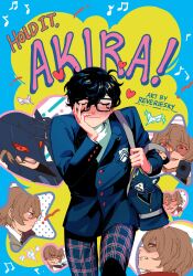 3boys absurdres akechi_gorou amamiya_ren bag beamed_eighth_notes black-framed_eyewear black_jacket blue_background blush brown_jacket cat character_name closed_eyes coffee eighth_note english_text frown glaring gun hand_on_own_face heart highres inset jacket looking_at_viewer mask morgana_(cat)_(persona_5) morgana_(persona_5) multiple_boys musical_note pants persona persona_5 plaid_clothes plaid_pants quarter_note rectangular_eyewear red_eyes reveriesky school_bag school_uniform shirt shuuchiin_academy_school_uniform sideways_glance smile sneer sparkle star_(symbol) weapon white_shirt