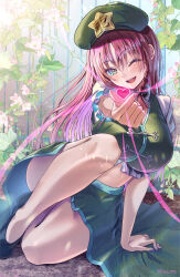 Rule 34 | 1girl, black shoes, blush, braid, breasts, chinese clothes, finger heart, flower, green eyes, green skirt, green vest, hair ribbon, hat, hat ornament, heart, highres, hong meiling, large breasts, legs, long hair, looking at viewer, nail polish, one eye closed, pink nails, red hair, ribbon, rouge (my rouge), shirt, shoes, short sleeves, sitting, skirt, smile, solo, star (symbol), star hat ornament, teeth, thighs, touhou, twin braids, upper teeth only, vest, white shirt