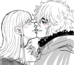2boys androgynous artist_name blush canute elexkays eyebrows eyebrows_hidden_by_hair eyelashes face-to-face fur_trim highres long_hair looking_at_another male_focus messy_hair monochrome multiple_boys prince profile simple_background smile thorfinn viking vinland_saga yaoi