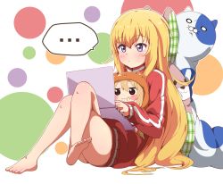 Rule 34 | ..., 10s, 2girls, air 0497, bad anatomy, barefoot, blonde hair, brown eyes, brown hair, company connection, computer, crossed legs, crossover, doma umaru, doga kobo, feet, food, gabriel dropout, gabriel tenma white, hair ornament, himouto! umaru-chan, jacket, komaru (himouto! umaru-chan), laptop, long hair, long sleeves, multiple girls, naked jacket, spoken ellipsis, toes, track jacket, trait connection, very long hair
