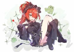 Rule 34 | 1girl, absurdres, arknights, bandage on knee, bandaid, bandaid on cheek, bandaid on face, bare shoulders, black bonnet, black boots, black choker, black dress, bonnet, boots, braid, brown eyes, candy, choker, commentary request, detached sleeves, dress, earrings, food, gauze on knee, green hair, hair over one eye, highres, holding, holding candy, holding food, holding lollipop, jewelry, lollipop, long hair, looking at viewer, material growth, multicolored hair, open mouth, oripathy lesion (arknights), pointy ears, puppet dancer (arknights), red hair, sao7, simple background, solo, streaked hair, tecno (arknights)