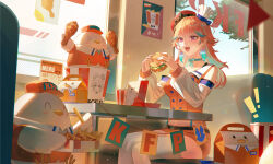 Rule 34 | !, !!, :d, absurdres, beret, breasts, burger, buttons, chef hat, chicken (food), chicken leg, colored inner hair, commentary, detached sleeves, double-breasted, english commentary, fast food, feathers, food, french fries, fried chicken, gradient hair, green feathers, green hair, hat, highres, holding, holding burger, holding food, hololive, hololive english, indoors, kfp employee (takanashi kiara), long hair, medium breasts, mini hat, miniskirt, multicolored hair, multiple hats, open mouth, orange hair, orange hat, orange skirt, orange vest, purple eyes, ribbed sleeves, sitting, skirt, smile, swept bangs, takanashi kiara, takanashi kiara (1st costume), thighhighs, vest, virtual youtuber, white hat, white thighhighs, xiisalt