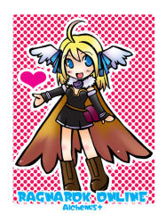 1girl ahoge alchemist_(ragnarok_online) black_dress black_sleeves blonde_hair blue_bow blue_eyes boots bow brown_boots brown_cape cape character_name chibi chibi_only commentary_request copyright_name detached_sleeves dress feathered_wings full_body fur_collar hair_bow head_wings heart looking_at_viewer medium_hair open_mouth polka_dot polka_dot_background ragnarok_online short_dress smile solo white_background white_wings wings yazawa_kazuki