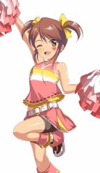 1girl animated animated_gif bare_shoulders belt bike_shorts blush brown_eyes brown_shorts buckle cheerleader child coquelicot_(sakura_taisen) facial_mark foot_out_of_frame game_cg gold_buckle hair_ribbon heart heart-shaped_buckle heart_facial_mark holding holding_pom_poms kneehighs leg_up light_brown_hair looping_animation lowres midriff_peek miniskirt navel official_art one_eye_closed open_mouth pink_pom_poms pink_skirt pink_theme pleated_skirt pom_pom_(cheerleading) pom_poms ribbon sakura_taisen sakura_taisen_iii second-party_source shoes short_hair short_twintails shorts sidelocks skirt sleeveless sneakers socks standing standing_on_one_leg tassel twintails white_background white_belt white_shoes white_stripes yellow_ribbon yellow_stripes