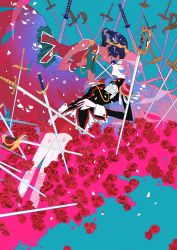 1990s_(style) 2girls bike_shorts black_hair camelot cuffs dark-skinned_female dark_skin earrings epaulettes closed_eyes flower forehead-to-forehead frills glasses hand_on_own_chest heads_together himemiya_anthy jewelry long_hair long_skirt multiple_girls petals pink_hair rapier retro_artstyle ring rose round_eyewear school_uniform shoujo_kakumei_utena skirt sword tassel tenjou_utena tiara updo weapon
