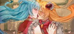 Rule 34 | 2girls, blonde hair, blue hair, bow, bowtie, cosplay, don quixote (project moon), e.g.o (project moon), french kiss, hair ornament, heart, heart hair ornament, highres, kiss, kiyo (mistlilykyo), limbus company, lobotomy corporation, lobotomy corporation (identity) (project moon), long hair, magical girl, multiple girls, open mouth, pink bow, pink bowtie, pink garter straps, pink vest, project moon, queen of hatred, queen of hatred (cosplay), red eyes, tails (bug ch3ss), two side up, vest, yellow eyes, yuri