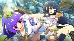 Rule 34 | 2girls, armband, artist request, black hair, black socks, blue armband, blue eyes, blue sailor collar, blunt bangs, blurry, blurry background, blush, breasts, cleavage, crossover, emblem, fallen down, frog, game cg, gloves, hanyuu, highres, higurashi no naku koro ni, higurashi no naku koro ni mei, horns, ikaruga (senran kagura), kunai, large breasts, lily pad, long hair, multiple girls, neckerchief, non-web source, official art, on floor, open mouth, outdoors, plant, purple eyes, purple hair, sailor collar, senran kagura, shirt, skirt, socks, sparkle, sunlight, tears, thigh strap, water, weapon, white gloves, white shirt, white skirt, yellow neckerchief