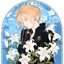 1boy armor black_feathers black_gloves black_sweater blonde_hair closed_eyes cloud_strife earrings feathers final_fantasy final_fantasy_vii final_fantasy_vii_advent_children flower gloves highres holding holding_feather jewelry lily_(flower) luluchanchanchan male_focus moon_phases parted_lips partially_unzipped pauldrons short_hair shoulder_armor single_pauldron solo spiked_hair sweater three_quarter_view turtleneck turtleneck_sweater upper_body white_background white_flower zipper