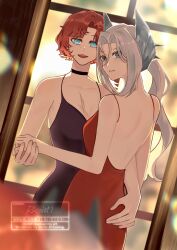 2girls :d absurdres alternate_costume artist_name backless_dress backless_outfit blue_eyes breasts cleavage dress dutch_angle evening_gown grey_eyes grey_hair hair_between_eyes hair_intakes hair_ornament hand_on_another&#039;s_waist highres holding_hands long_hair low_ponytail marsha_(reverse:1999) multiple_girls open_mouth parted_lips ponytail ratanan red_dress red_hair reverse:1999 scar scar_on_chest sentinel_(reverse:1999) sleeveless sleeveless_dress smile spaghetti_strap upper_body watermark window