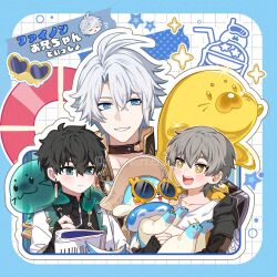 +_+ 3boys aged_down animal animal_ears animal_nose animal_on_shoulder antenna_hair aqua_eyes black_choker black_coat black_gloves black_hair black_shirt blue_border blue_eyes blue_fur blush book border brown_hat caelus_(honkai:_star_rail) chaonkun0303 checkered_background child chimera_(honkai:_star_rail) chinese_clothes choker claws coat collarbone collared_shirt commentary_request constellation_print cup dan_heng_(honkai:_star_rail) dan_heng_(hunt)_(honkai:_star_rail) drinking_glass drinking_straw earrings eyeliner fingerless_gloves fingernails gloves grey_hair hair_between_eyes hat highres holding holding_animal holding_book holding_pen honkai:_star_rail honkai_(series) hood hooded_coat innertube jacket jewelry long_sleeves looking_at_object makeup male_focus multiple_boys open_book open_clothes open_coat open_mouth pen pet phainon_(honkai:_star_rail) reading red_eyeliner shirt short_hair single_earring smile sparkle star_(symbol) sunglasses swim_ring t-shirt teeth trailblazer_(honkai:_star_rail) two-sided_coat two-sided_fabric two-tone_fur upper_body white_background white_coat white_fur white_hair white_jacket white_shirt yellow-framed_eyewear yellow_coat yellow_eyes yellow_pupils zipper