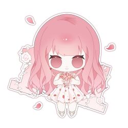 1girl ankle_ribbon bare_arms bare_shoulders blunt_bangs bouquet chibi chinese_commentary closed_mouth commentary_request dress earrings eyelashes flower food_print fruit_print heart heart_earrings highres holding holding_bouquet jewelry leg_ribbon long_hair nikki_(nikki) nikki_(series) nikki_up2u outline petals pink_eyes pink_flower pink_hair pink_rose plant pleated_dress ribbon rose rose_petals second-party_source shanshu_xuxu shoes short_dress sidelocks simple_background sleeveless sleeveless_dress smile solo standing straight-on strawberry_print very_long_hair vines wavy_hair white_background white_dress white_outline white_ribbon white_shoes