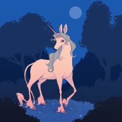 absurdres animal animal_focus blue_flower blue_hair blue_sky bush closed_mouth cloven_hooves cow_tail flower full_body full_moon grass hashtag-only_commentary highres horns horse lady_amalthea moon no_pupils purple_eyes silhouette single_horn sky standing star_(sky) starry_sky tail the_last_unicorn traditional_unicorn tree unicorn waackery wavy_hair white_horse