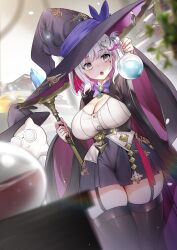 1girl absurdres belt black_belt black_garter_straps black_hat black_skirt black_thighhighs bow bowtie breasts cleavage colored_inner_hair flask garter_straps grey_eyes hair_ornament hat hat_ribbon heart heart_hair_ornament highres holding holding_flask holding_staff idenq_(vtuber) indie_virtual_youtuber multicolored_hair pink_hair pink_ribbon purple_bow purple_bowtie purple_ribbon ribbon round-bottom_flask second-party_source shirt skirt staff teardrop_facial_mark teddypocky thighhighs white_hair white_shirt wide_sleeves witch_hat