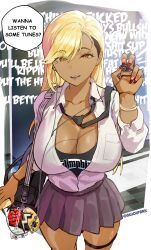 1girl absurdres bag bag_charm black_bag black_necktie black_tank_top blonde_hair bracelet breasts charm_(object) cleavage collared_shirt commentary dress_shirt earbuds earphones english_commentary from_above grey_skirt hair_behind_ear highres jewelry large_breasts limp_bizkit long_hair looking_at_viewer loose_necktie miniskirt mole mole_above_eye nail_polish necktie necktie_over_shoulder open_mouth orange_eyes original park_ongjol parted_bangs partially_unbuttoned pleated_skirt rock_fan_gyaru_(park_ongjol) school_bag school_uniform shirt shirt_tucked_in skirt sleeves_rolled_up solo speech_bubble standing tan tank_top thigh_strap white_shirt