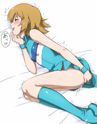 1boy ahegao aneros blonde_hair blue_boots blue_eyes blush boots butt_plug cheerleader cosplay covered_collarbone crossdressing gooning half-closed_eyes heroman joey_jones lina_davis lina_davis_(cosplay) male_focus male_masturbation masturbation prostate_massager saliva sex_toy shota solo speech_bubble trap youkan