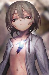 1girl absurdres blurry cracked_skin depth_of_field flat_chest grey_eyes grey_hair highres hole_in_chest hole_on_body lacker_strike_(akkira_setsu) looking_at_viewer navel open_clothes open_shirt original short_hair solo