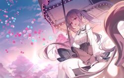 1girl balloon bare_legs black_skirt bow carousel long_hair looking_at_viewer open_mouth original outdoors pink_hair rangu red_eyes shirt sitting skirt solo striped_bow twintails white_shirt