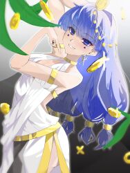 Rule 34 | 1girl, absurdres, alternate costume, ancient egyptian clothes, arm behind head, blue eyes, blue hair, coin, cowboy shot, dress, facial mark, gold armlet, gold choker, gradient background, grin, hair bobbles, hair ornament, highres, leaf, long hair, looking at viewer, michigami nareko, roze, simple background, smile, solo, touhou, triangle, triangle facial mark, white dress