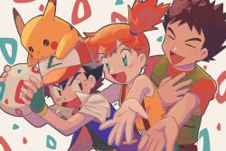 1girl 2boys ash_ketchum black_hair blush brock_(pokemon) brown_eyes brown_hair commentary_request egg fingerless_gloves gen_1_pokemon gloves green_eyes hat highres holding holding_egg misty_(pokemon) multiple_boys nintendo orange_hair pikachu pokemon pokemon_(anime) pokemon_(classic_anime) pokemon_(creature) short_hair sweat umebosibakari2 whiskers