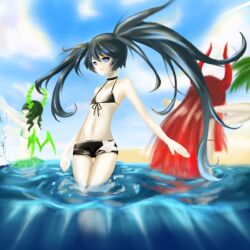 Rule 34 | 3girls, beach, bikini, black bikini, black gold saw, black hair, black rock shooter, black rock shooter (character), dead master, green bikini, green horns, horns, long hair, multiple girls, pale skin, pl2648, red hair, red horns, shorts, star (symbol), swimsuit, twintails