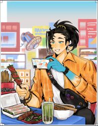 1boy alternate_costume arm_tattoo badge bag bead_bracelet beads beard_stubble black_hair blue_skin blush bowl bracelet bubble_tea button_badge chopsticks collared_shirt colored_skin commentary earrings english_commentary facial_hair food gradient_skin green_eyes happy hiimtae_sb holding holding_phone holding_skewer holostars holostars_english jewelry josuiji_shinri koi male_focus multicolored_skin noodles orange_shirt phone ponytail ramen restaurant second-party_source shirt sitting skewer sky smile solo striped_clothes striped_shirt stubble table taking_picture tassel tassel_earrings tattoo vertical-striped_clothes vertical-striped_shirt virtual_youtuber watch wristwatch