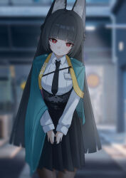 1girl absurdres animal_ear_fluff animal_ears aqua_jacket black_necktie black_pantyhose black_skirt blunt_bangs collared_shirt cowboy_shot fox_ears fox_girl high-waist_skirt highres hoduttang hoshimi_miyabi jacket necktie open_clothes open_jacket outdoors pantyhose red_eyes shirt skirt white_shirt zenless_zone_zero
