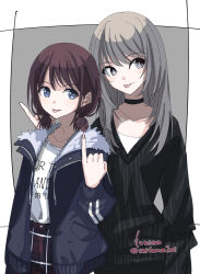 2girls :p artist_name baggy_clothes black_choker black_sweater blue_eyes blue_jacket border brown_hair choker clothes_writing commentary_request drawstring english_text fingernails fumino5jyo fur-trimmed_jacket fur_trim girls_band_cry grey_background grey_eyes grey_hair hand_up height_difference highres iseri_nina jacket kawaragi_momoka long_hair long_sleeves looking_to_the_side low_twintails multiple_girls open_clothes open_jacket pinky_out plaid_clothes plaid_skirt pocket red_skirt shirt short_hair short_twintails side-by-side simple_background skirt straight_hair sweater tongue tongue_out twintails twitter_username upper_body white_border white_shirt