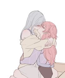 Rule 34 | 2girls, arms around neck, blue hair, blue tank top, blush, closed eyes, commentary, highres, hinomori shizuku, kiss, long hair, mole, mole under mouth, momoi airi, multiple girls, noon nerve, pink eyes, pink hair, project sekai, simple background, sitting, sitting on lap, sitting on person, sweater, tank top, two side up, white background, yellow sweater, yuri