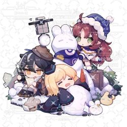 1boy 2girls alternate_costume animalization arknights black_coat black_footwear black_hair black_headwear black_jacket blue_headwear brown_coat brown_headwear capelet chinese_commentary christmas_tree closed_eyes coat commentary_request drone drooling durin_(arknights) fence green_eyes grey_hair highres holding holding_paper jacket minimalist_(arknights) mittens multicolored_hair multiple_girls myrtle_(arknights) nitrogen_owo paper pencil_behind_ear pointy_ears scarf simple_background sleeping snowball snowman streaked_hair trait_connection watermark white_background white_coat white_scarf winter_clothes writing yellow_eyes