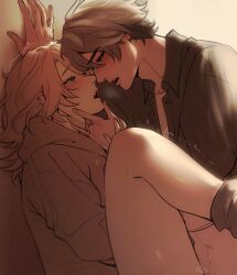 2boys ^^^ abs alhaitham_(genshin_impact) black_shirt blonde_hair blush collared_shirt commentary english_commentary eye_contact genshin_impact grey_hair grey_hoodie highres hood hood_down hoodie implied_penetration kaveh_(genshin_impact) leg_up looking_at_another male_focus motion_lines multiple_boys open_clothes open_mouth open_shirt parted_hair profile shirt short_hair steffiepoo teeth trembling upper_teeth_only wing_collar yaoi