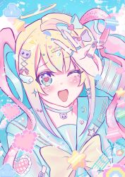 1girl ;d arm_up blonde_hair blue_background blue_eyes blue_hair blue_serafuku blush cat_hair_ornament cat_pendant character_tadpole_92 chest_bow chouzetsusaikawa_tenshi-chan cloud cloudy_sky collar colored_tips doodle_inset hair_ornament halo heart heart-shaped_pupils highres jewelry looking_at_viewer multicolored_hair multicolored_nails multiple_rings musical_note needy_girl_overdose one_eye_closed open_mouth pill_hair_ornament pink_hair quad_tails ring school_uniform serafuku sidelocks sky smile solo star_(symbol) symbol-shaped_pupils upper_body v wing_hair_ornament x_hair_ornament