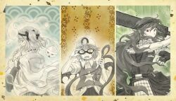 3others adjusting_eyewear androgynous armor belt belt_buckle blue_background blue_eyes border bow breastplate buckle circle_skirt clenched_hand club_(weapon) collared_shirt commentary_request cowboy_shot denim elbow_gloves epaulettes faulds fingerless_gloves flute from_behind frown fujiwara_no_iyozane ghost ghost_(len&#039;en) gloves goggles green_background greyscale_with_colored_background hair_bow hakama hakama_short_skirt hakama_skirt half-closed_eye hand_on_eyewear headband helmet holding holding_club holding_flute holding_instrument holding_reins holding_weapon instrument jacket jacket_on_shoulders japanese_clothes jeans len&#039;en long_hair long_sleeves looking_at_viewer looking_back magnet medium_hair multicolored_background multiple_others music one_side_up open_mouth orange_background other_focus over_shoulder pants parted_lips playing_instrument pointy_ears puffy_short_sleeves puffy_sleeves red_eyes reins round_eyewear shirt short_sleeves simple_background single_bare_arm single_fingerless_glove skirt spot_color star_(symbol) star_print straight-on sumisato taira_no_fumikado teeth triangular_headpiece umatachi_tsugumi upper_teeth_only v-shaped_eyebrows very_long_hair vest weapon weapon_over_shoulder wide_sleeves wings yellow_border yellow_eyes