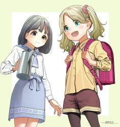2girls :d backpack bag black_hair blonde_hair blue_eyes blue_necktie blue_skirt blush blush_stickers bob_cut brown_pantyhose brown_shorts child closed_mouth copyright_request dated eniwa_shii fang hair_ornament hair_scrunchie highres holding horikou inuyama_akari kodomo_no_hi looking_at_viewer mole mole_under_eye multiple_girls necktie open_mouth pantyhose pink_bag randoseru scrunchie shirt shorts signature simple_background skin_fang skirt smile super_cub teapot twintails white_background white_shirt yellow_shirt yurucamp